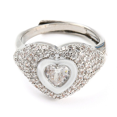 Enamel Heart Adjustable Ring with Clear Cubic Zirconia RJEW-Q781-01P-04-1