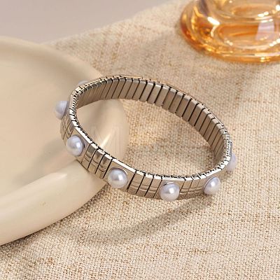 304 Stainless Steel & Plastic Pearl Beads Stretch Bangles for Women WG0AFE3-01-1
