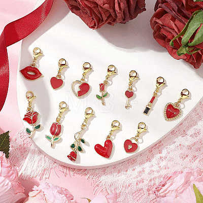 12Pcs Valentine's Day Alloy Enamel Heart Rose Pendant Decorations HJEW-JM02833-01-1