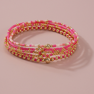 5Pcs 5 Styles Bohemian Style Glass Seed Bead & Brass Beads Stretch Bracelets Set for Women XX3462-6-1