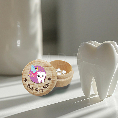 Round Beech Wooden 3D Engraved My First Tooth Fairy Box CON-WH0120-001-1