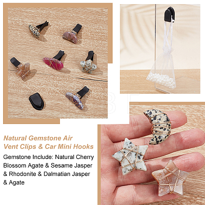 6Pcs 6 Style Teardrop Star Moon Natural Gemstone Air Vent Clips & 1Pc Resin Car Mini Hooks JEWB-AB00029-1