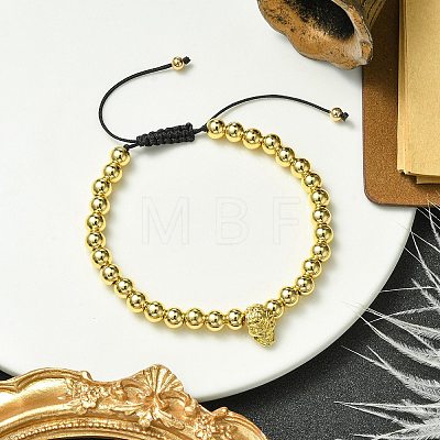 Adjustable Skull & Round Brass Braided Bead Bracelets for Women Men BJEW-JB10822-1