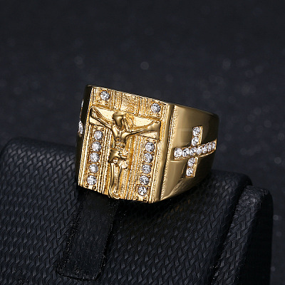 Cross with Jesus Pattern 304 Stainless Steel with Crystal Rhinestone Finger Rings for Men FS-WG78AD7-01-1