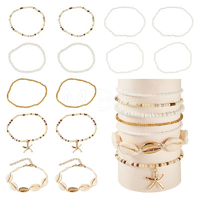 2 Bags Summer Beach Glass Seed Beaded & Natural Shell & Alloy Starfish Charm Anklet Sets AJEW-TA0003-69F-1