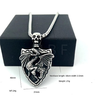 Vintage 304 Stainless Steel Skull Shield with Dragon Pendant Necklaces for Men IV2024-1