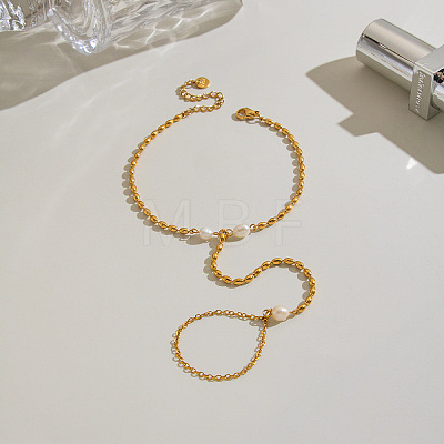 Natural Freshwater Pearl 304 Stainless Steel Rice Bead Hand Chain Ring Bracelets for Women PW2633-1