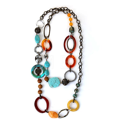 Bohemian Style Acrylic & Zinc Alloy Oval & Teardrop Handmade Link Chain Long Necklaces for Women FS-WG51811-01-1