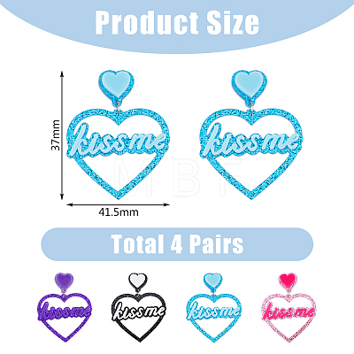 FIBLOOM 4 Pairs 4 Colors Heart with Word Kiss Me Acrylic Dangle Stud Earrings EJEW-FI0002-34-1