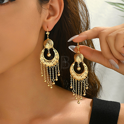Vintage Ethnic Moon with Round Tassel Brass Chandelier Earrings QG5305-1-1