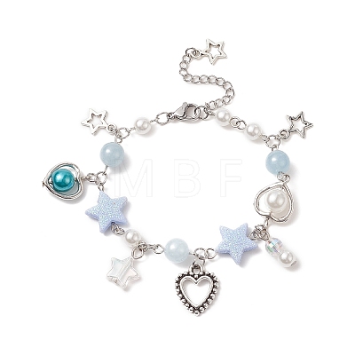 Alloy Heart & Star Charm Bracelet with ABS Plastic Imitation Pearl Beaded for Women BJEW-JB09309-1