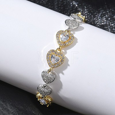 Heart Micro Pave Clear Cubic Zirconia Link Chain Bracelets for Women BJEW-C156-08B-GP-1