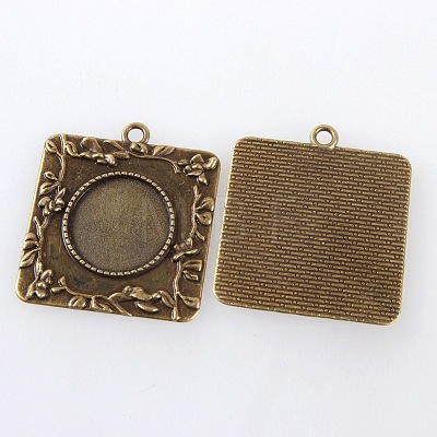 Vintage Tibetan Style Alloy Square Carved Branch Pendant Cabochon Bezel Settings TIBEP-M018-17AB-NF-1