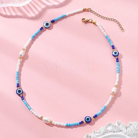 Natural Pearl & Resin Evil Eye & Glass Seed Beaded Necklaces for Women NJEW-MZ00152-01-1