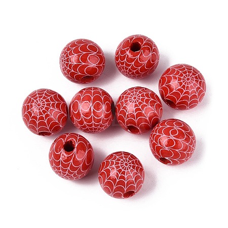 Halloween Printed Spider Webs Colored Wood European Beads WOOD-K007-04E-1