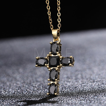Cross Brass Pendant Necklaces with Rhinestone WG91502-02-1