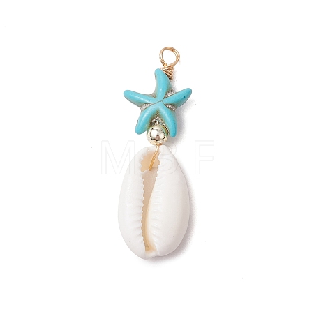 Cowrie Shell & Synthetic Turquoise Starfish Pendants PALLOY-JF03407-01-1