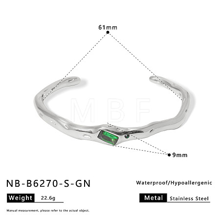 304 Stainless Steel Micro Pave Green Cubic Zirconia Cuff Bangles for Women WG3B407-06-1