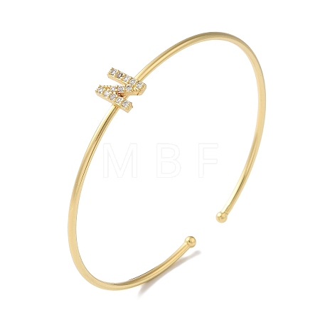 Rack Plating Brass Micro Pave Clear Cubic Zirconia Letter Open Cuff Bangles BJEW-A018-01G-N-1