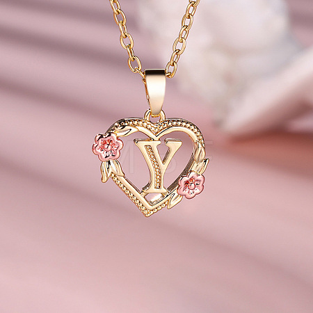 Brass Rose Flower Heart with Letter Pendant Necklaces FS-WGF6950-25-1