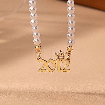 Alloy Crown Birth Year Pendant Imitation Pearl Round White Beaded Necklaces for Women FS-WG173C9-09-1