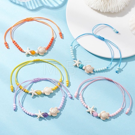 Adjustable Ocean Starfish Turtle Natural Mixed Gemstone & Glass Seed Beads Braided Bracelets BJEW-MZ00324-1