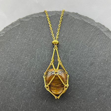 Natural Tiger Eye Nuggets Macrame Pouch Pendant 201 Stainless Steel Chain Necklaces FS-WG7A779-17-1