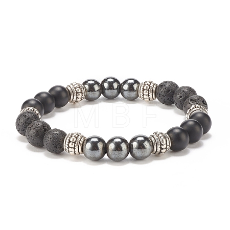 Natural Lava Rock & Synthetic Black Stone & Hematite Stretch Bracelet BJEW-JB08169-1