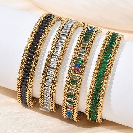 304 Stainless Steel & Glass Wheat Chain Double Layers Bracelets for Women BJEW-F540-08G-1
