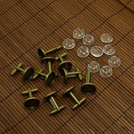 DIY Brass Cufflink Findings Cuff Button Cabochon Settings and 14mm Clear Glass Cabochon Cover Sets DIY-X0105-AB-NF-1