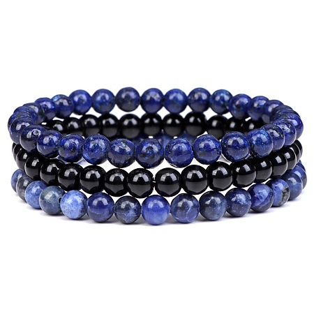 3Pcs 3 Style Natural Lapis Lazuli & Black Agate Round Beaded Stretch Bracelets Set PW23030760213-1