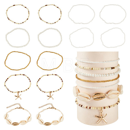 2 Bags Summer Beach Glass Seed Beaded & Natural Shell & Alloy Starfish Charm Anklet Sets AJEW-TA0003-69F-1