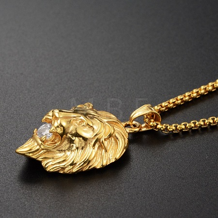 304 Stainless Steel Pave Clear Cubic Zirconia Lion Head Pendant Box Chain Necklaces FS-WG6581A-01-1