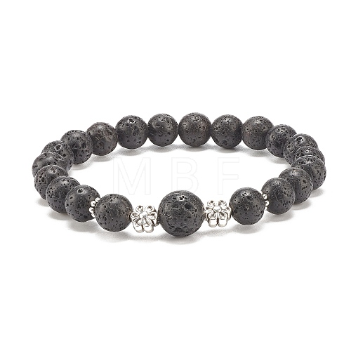 Natural Lava Rock Round Beaded Stretch Bracelet with Alloy Flower BJEW-JB08010-1