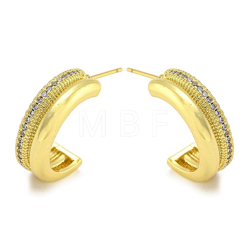 Rack Plating C-Shaped Brass Micro Pave Clear Cubic Zirconia Stud Earrings for Women EJEW-G410-52G-1