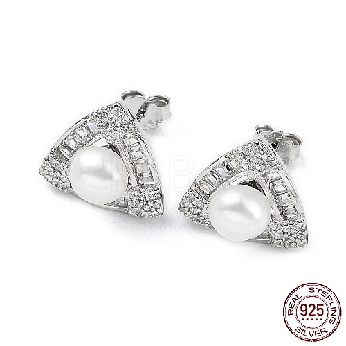 Rhodium Plated 925 Sterling Silver Micro Pave Cubic Zirconia Triangle Stud Earrings for Women EJEW-F318-02P-1