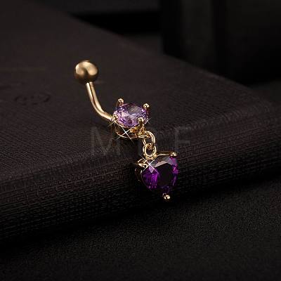 Real 18K Gold Plated Brass Rhinestone Heart Navel Ring Belly Rings AJEW-EE0001-56C-1