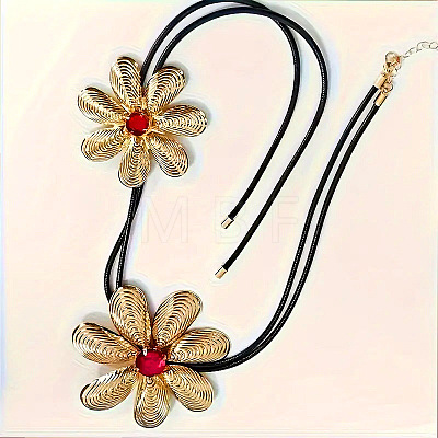 Alloy Glass Flower Black Waxed Cord Lariat Y Necklaces for Women FS-WGE5F3A-02-1