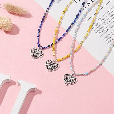 Tibetan Style Alloy Heart with Butterfly Pendant Necklace with Seed Beaded Chains NJEW-JN04341-1