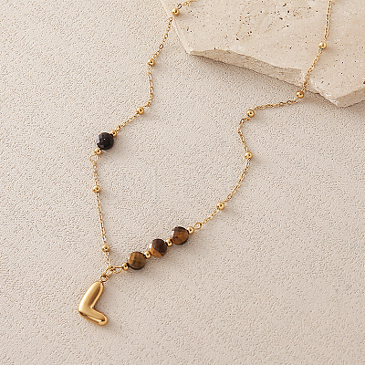 European Faceted Natural Tiger Eye 304 Stainless Steel Alphabet Pendant Necklaces QN9691-12-1