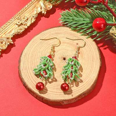 MIYUKI Delica Beaded Christmas Tree with Glass Pearl Dangle Earrings EJEW-MZ00090-1