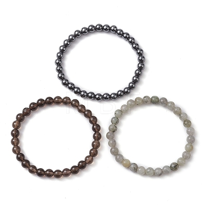 3Pcs 3 Style Natural & Synthetic Mixed Stone Round Beaded Stretch Bracelets BJEW-JB10178-04-1