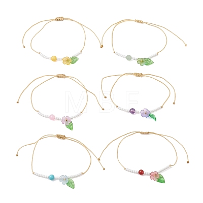 6Pcs Floral & Leaf Natural Amethyst & Carnelian & Dyed Yellow Jade & Green Aventurine & Synthetic Green Turquoise & Glass Seed Beaded Bracelets BJEW-MZ00312-1