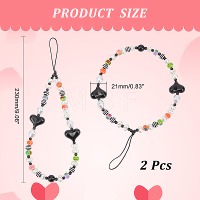 2Pcs Colorful Beads Plastic Pearl Heart Beaded Chain Moblie Straps AJEW-AR0001-61-1