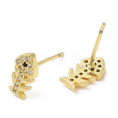 Rack Plating Brass Fishbone Stud Earrings with Cubic Zirconia EJEW-D061-06G-1