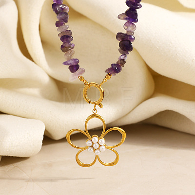 Summer Faux Pearl 304 Stainless Steel Flower Pendant Natural Amethyst Chip Beaded Necklaces for Women WGDF0A1-01-1