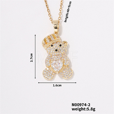 Brass Pave Clear Cubic Zirconia Cable Chain Bear Pendant Necklaces for Women NQ1992-2-1