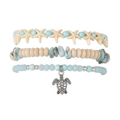 3Pcs 3 Styles Dyed Natural Howlite & Petrified Wood & Larimar & Synthetic Turquoise Stretch Bead Bracelet Sets BJEW-JB14430-1