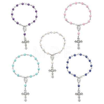 Acrylic Round with Cross Pattern Beaded Charm Bracelets for Women BJEW-JB11347-1