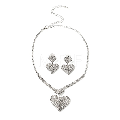 Heart Brass Rhinestone Stud Earrings & Pendant Necklaces Set for Women SJEW-M102-08S-1